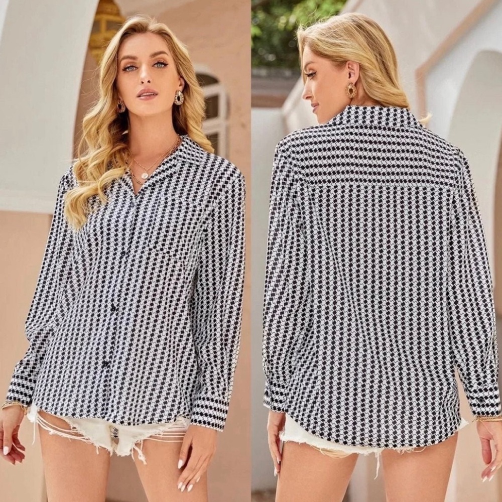 SHEIN Black & White Geometric Pattern Button Up Shirt Dress Shirt Size Medium